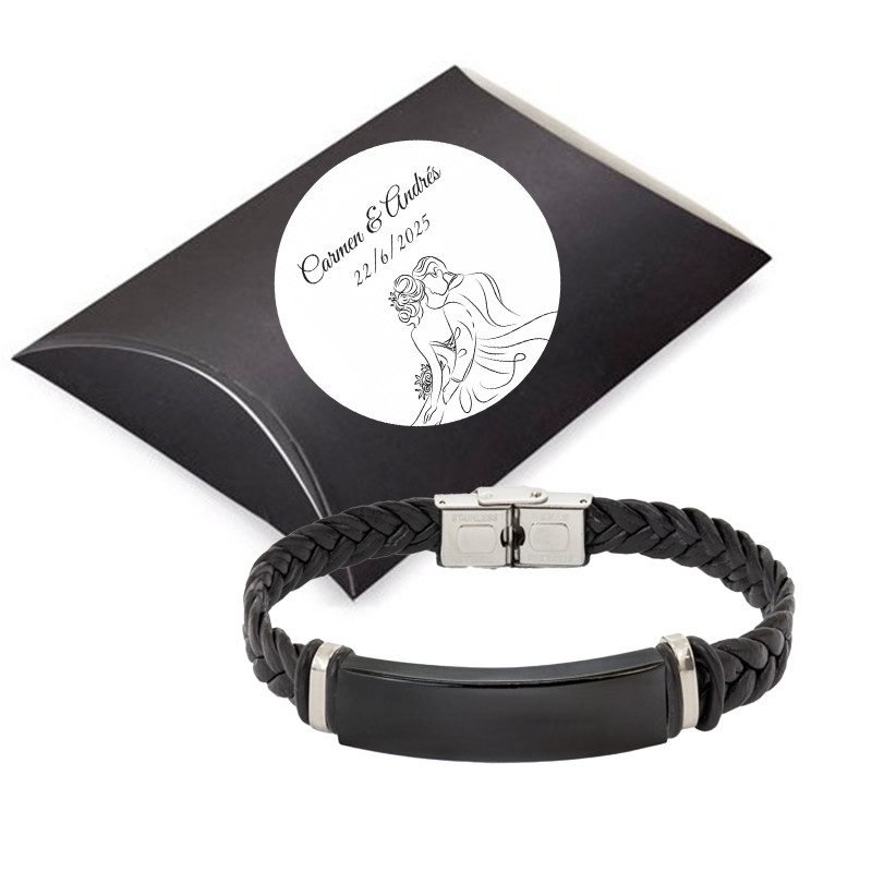 Pulseira preta de poli couro e aço para homens em estojo personalizado para detalhes de casamento
