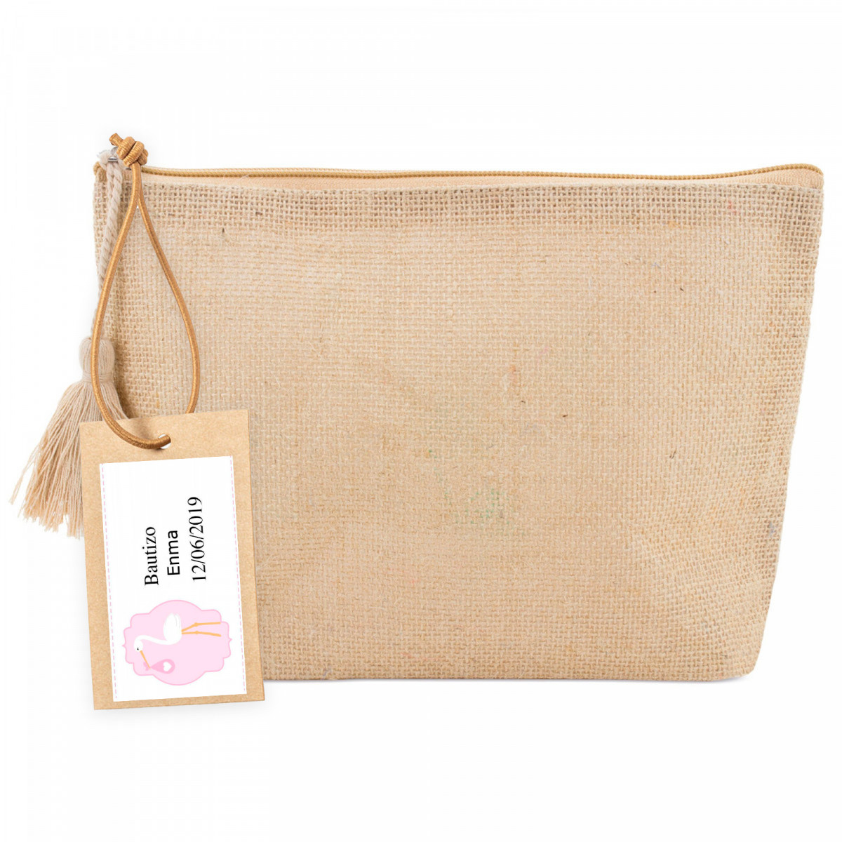 Necessaire de juta com pompom e etiqueta pendurada com adesivo de batizado rosa para presentes