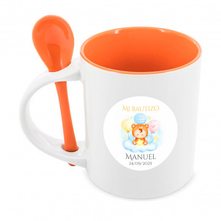 Caneca com colher e adesivo personalizável para lembranças de batizado