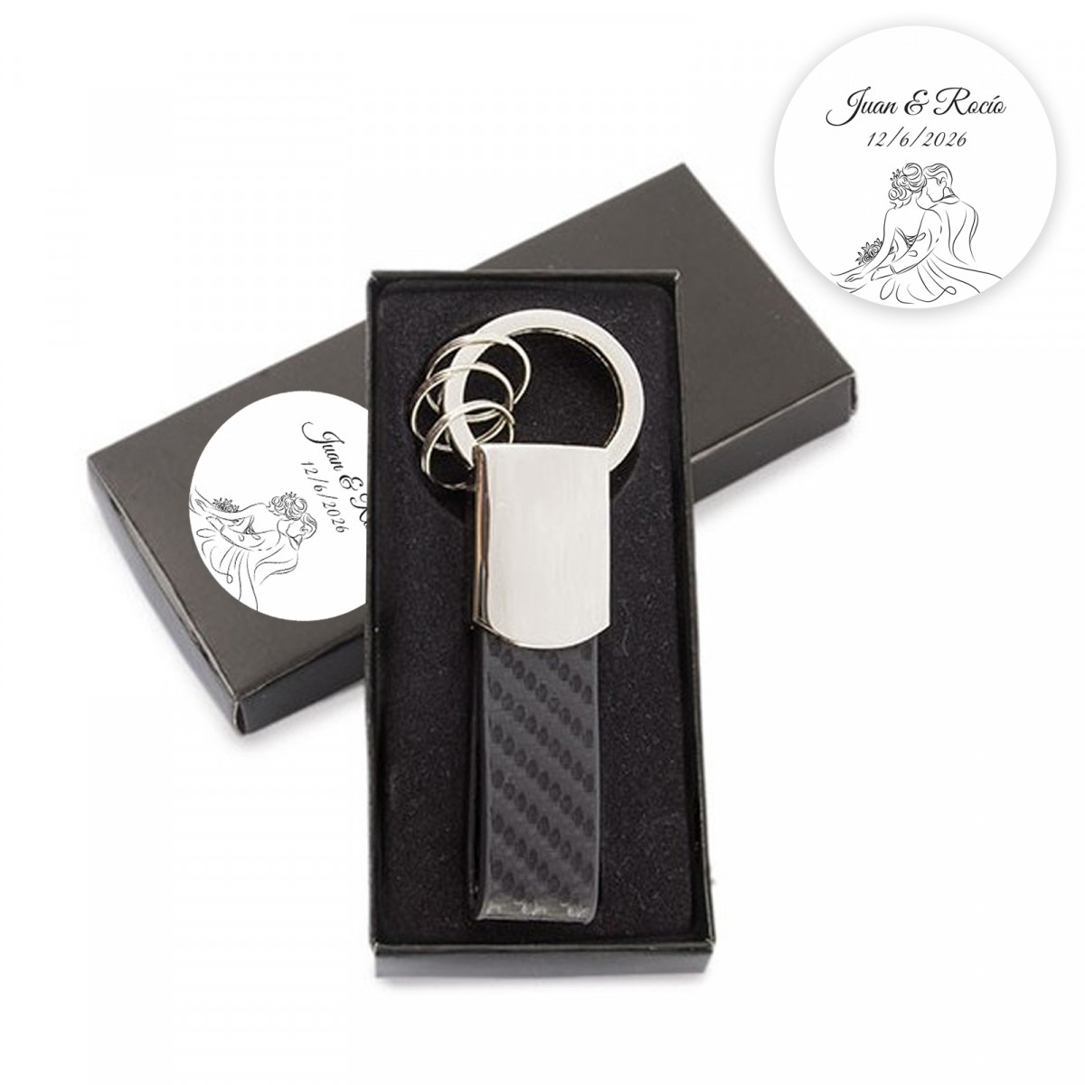 Chaveiro elegante em caixa de apresentação personalizada para detalhe de casamento