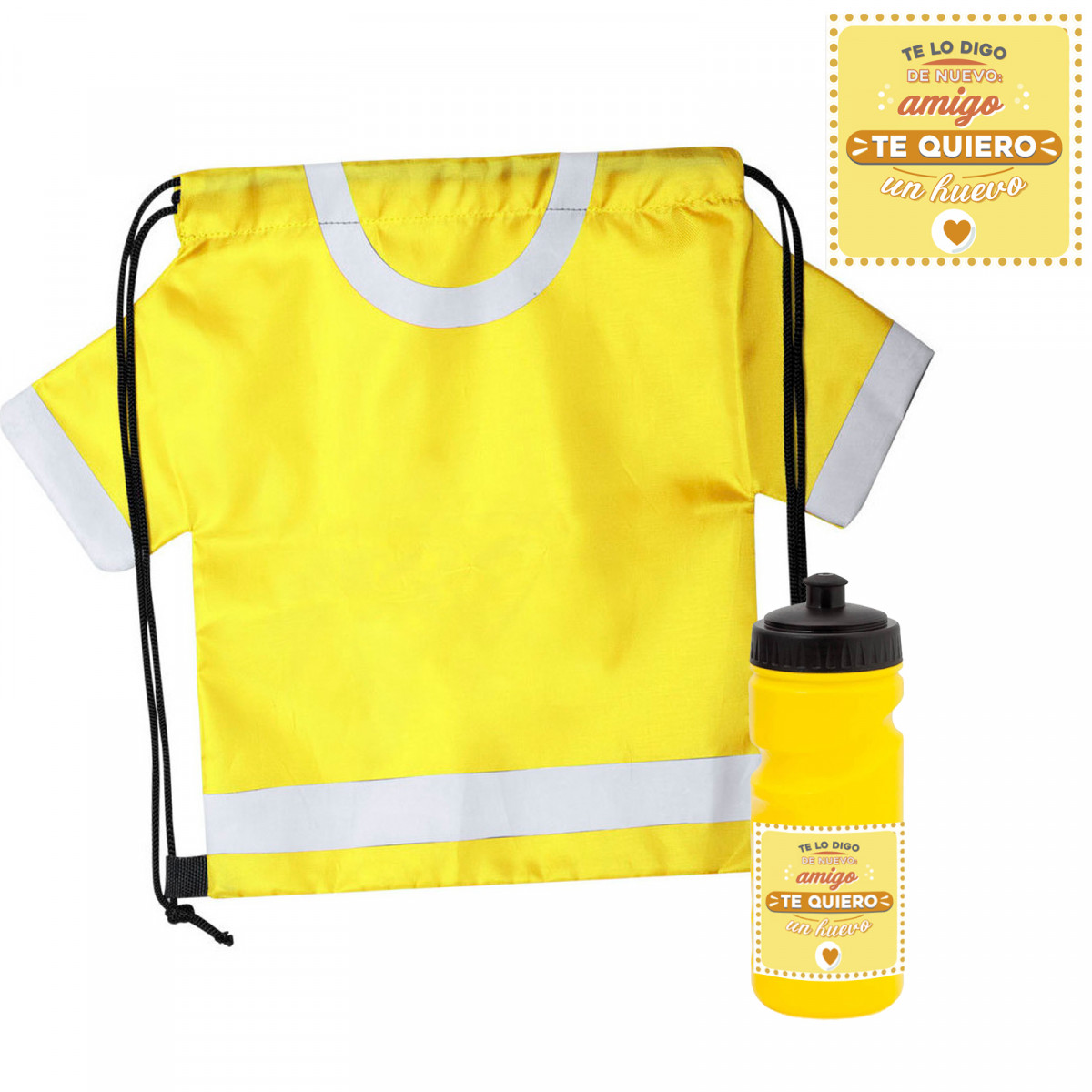 Mochila em formato de camiseta e garrafa de bebida amarela com adesivo para amigos