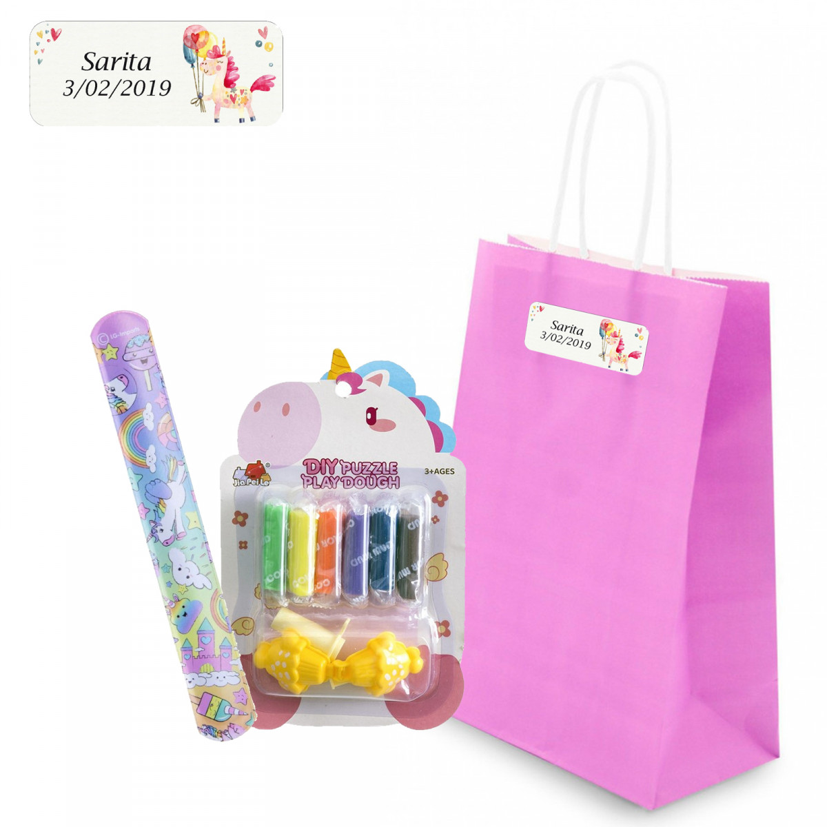 Conjunto de massinha de modelar e pulseira de unicórnios em bolsa rosa personalizada com adesivo