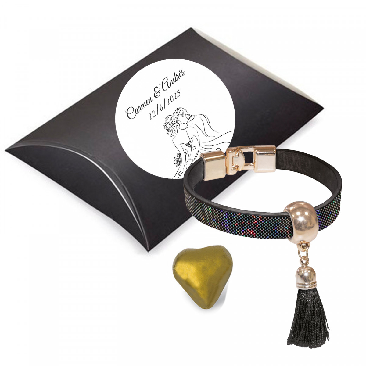 Pulseira preta com pompom e bombom metalizado em estojo de apresentação com adesivo para casamentos