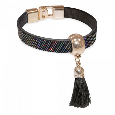 Pulseira preta com pompom e bombom metalizado em estojo de apresentação com adesivo para casamentos