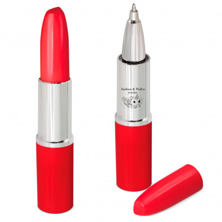 Caneta com design de batom vermelho com adesivo de flores para detalhes de convidados
