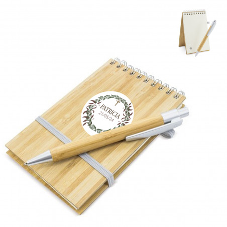 Caderno personalizado para comunhão com caneta de bambu