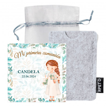 Porta-cartões de feltro com cartão de agradecimento personalizável em bolsa de organza para detalhes de comunhão
