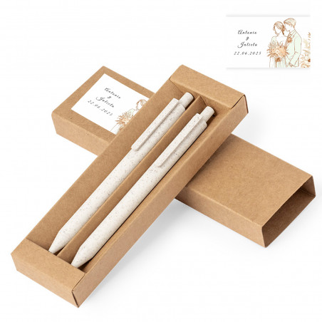 Caneta e lapiseira eco com adesivo personalizável para os noivos com detalhes dos convidados