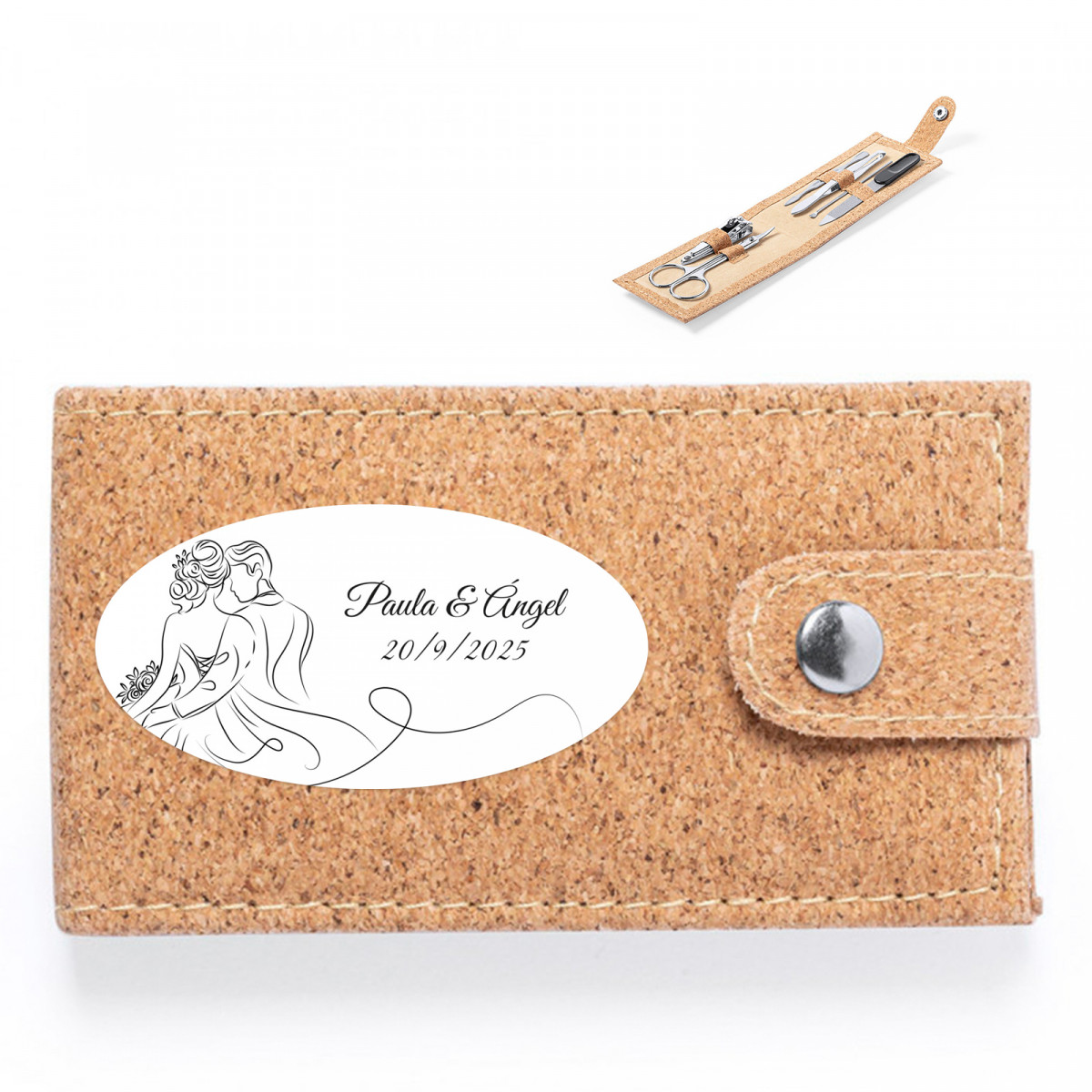 Estojinho com ferramentas de manicure e adesivo de noivos linear personalizável para lembrancinhas de casamento