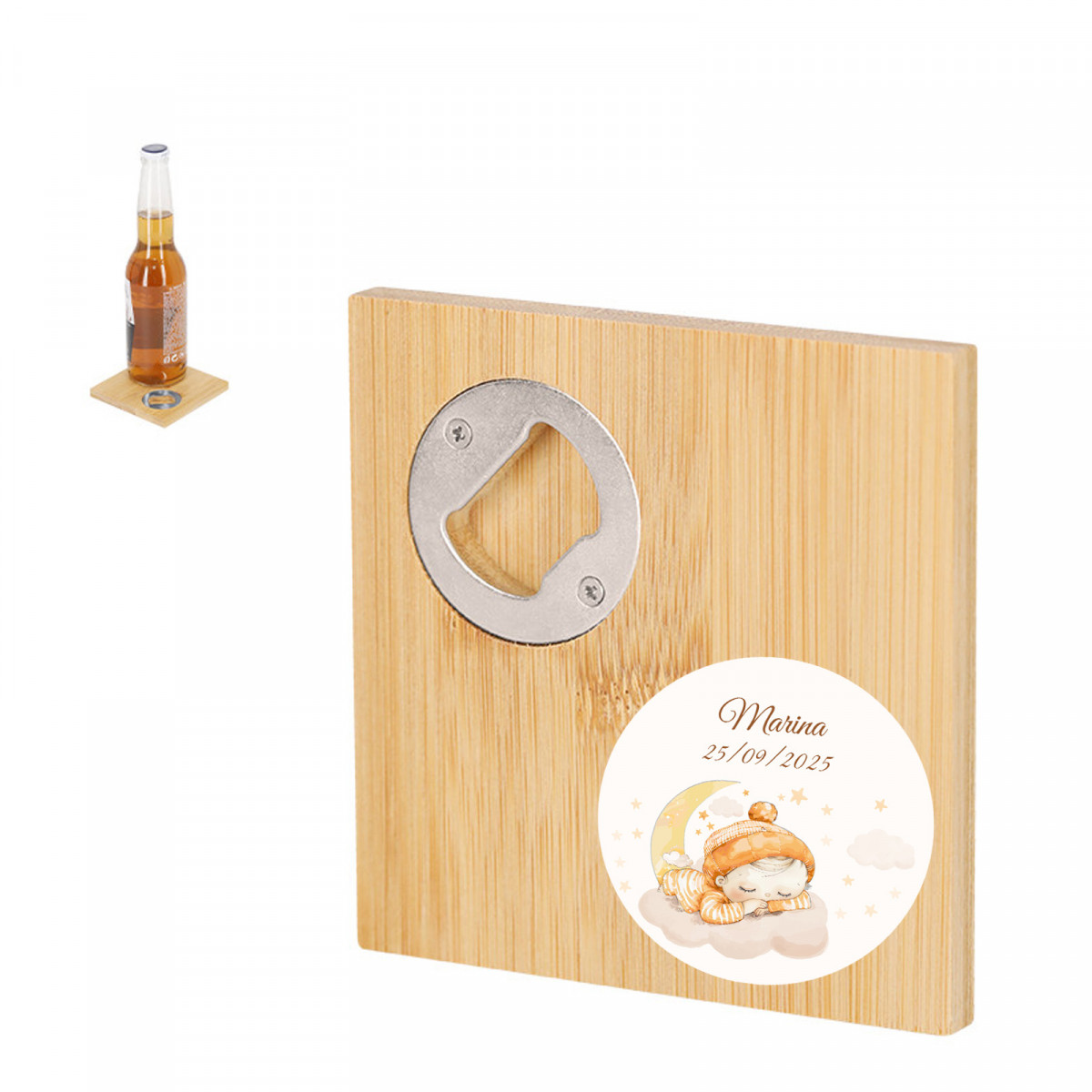 Porta-copos abridor de bambu personalizado com adesivo de batizado