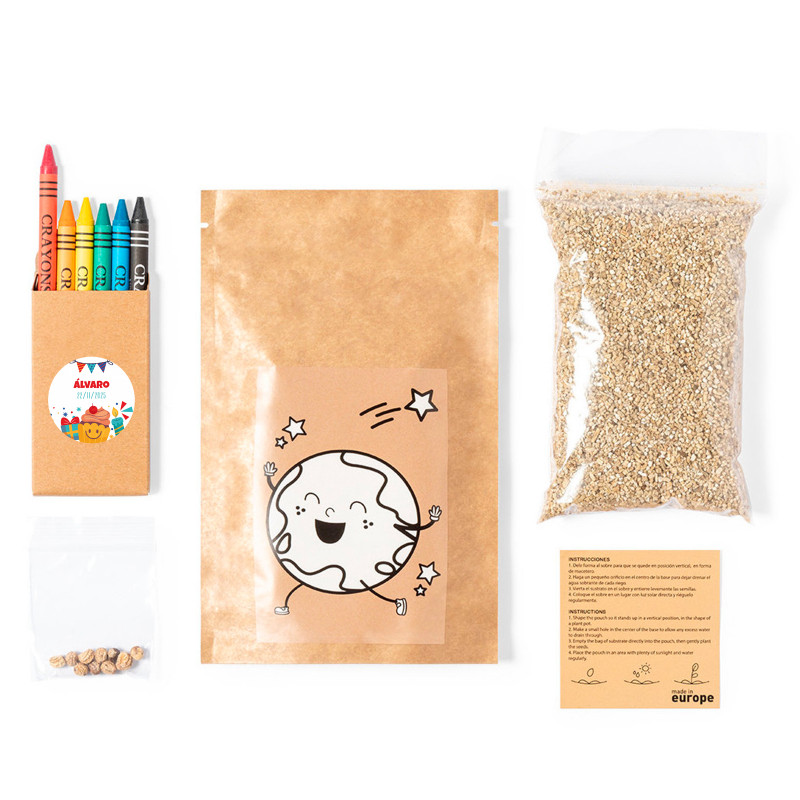 Vaso para colorir com sementes, giz de cera colorido e adesivo personalizável para presentear