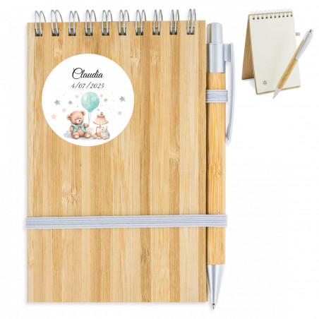 Bloco de bambu com caneta com adesivo personalizado para detalhes de batizado