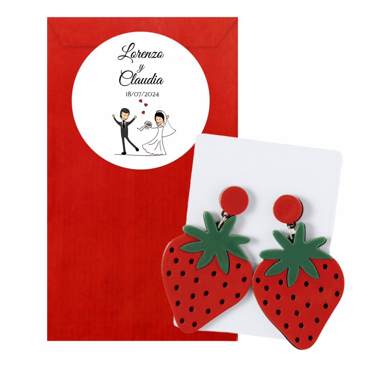 Brincos em forma de morango em envelope vermelho personalizado com adesivo de casamento divertido