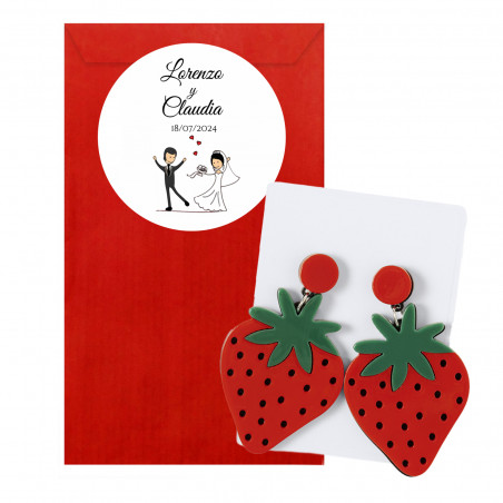 Brincos em forma de morango em envelope vermelho personalizado com adesivo de casamento divertido