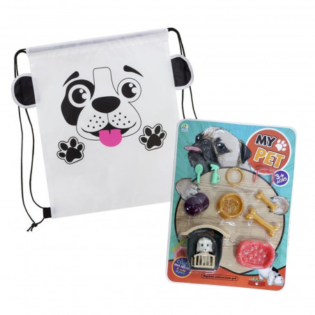 Conjunto de cachorro de brinquedo com acessórios, casinha e mochila saco