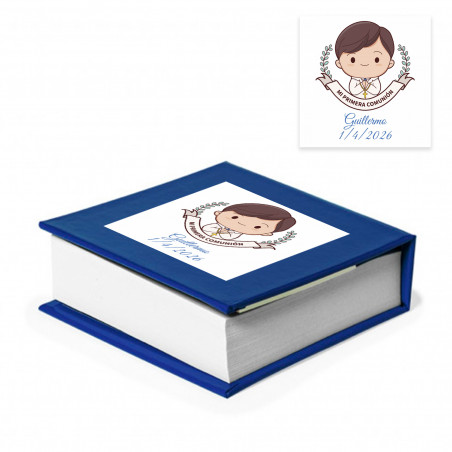 Portanotas capa azul personalizado com adesivo de comunhão menino