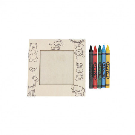 Porta-retratos de madeira com design de animais e lápis de cor em envelope kraft personalizável para detalhes originais