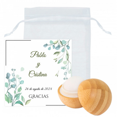 Balm labial de bambu com cartão de lembrança personalizável em bolsa de organza para presentear