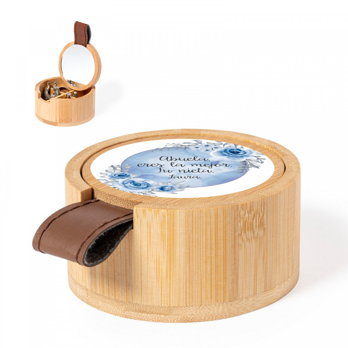 Caixa de madeira com espelho e adesivo personalizável para detalhes de eventos