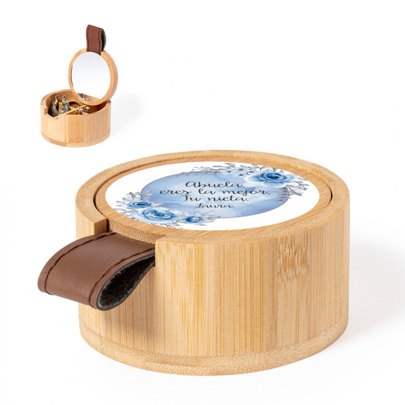 Caixa de madeira com espelho e adesivo personalizável para detalhes de eventos