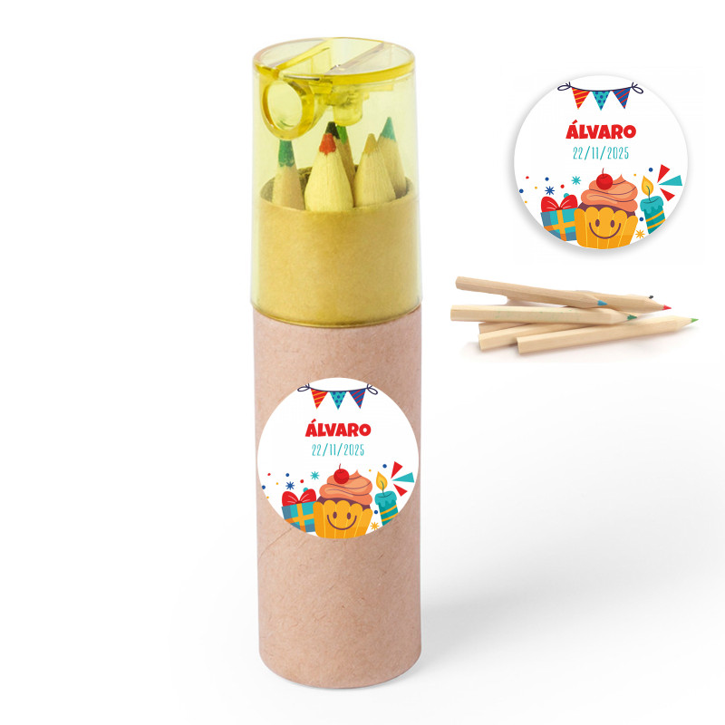 Estojo com lápis de cor e simpático adesivo personalizável para detalhes infantis