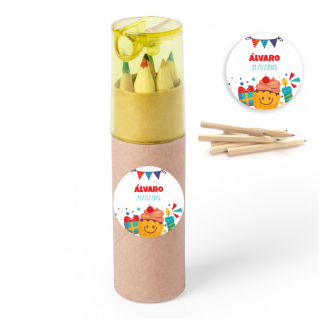 Estojo com lápis de cor e simpático adesivo personalizável para detalhes infantis
