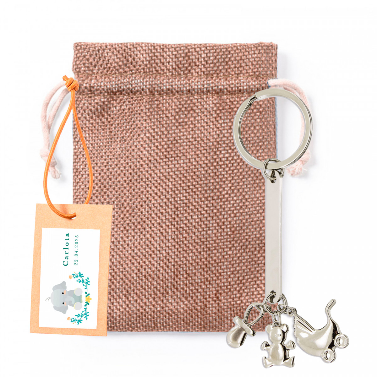 Chaveiro charm batizado em bolsa de tecido com cartão pendente personalizado para presentear
