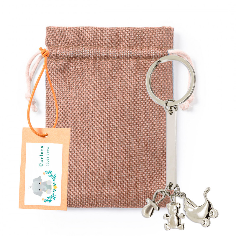 Chaveiro charm batizado em bolsa de tecido com cartão pendente personalizado para presentear