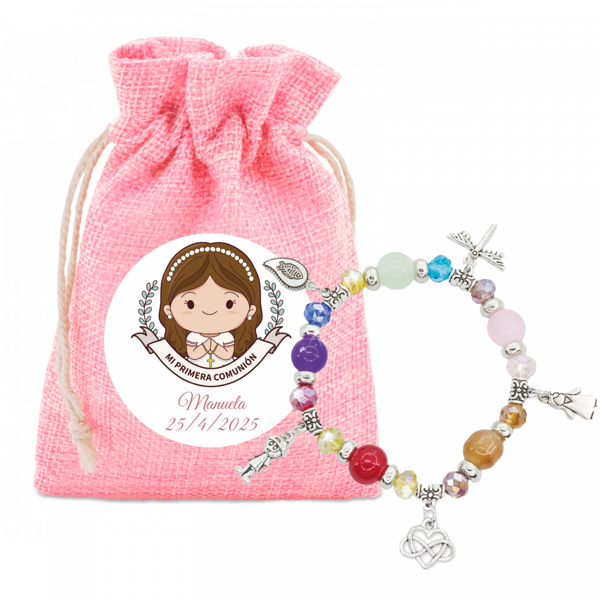 Pulseira com contas coloridas e charms em bolsa de tecido rosa e adesivo especial para comunhão de menina