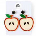 Brincos com design da apple e adesivo de agradecimento pelos detalhes do evento e da festa