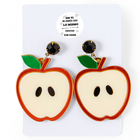Brincos com design da apple e adesivo de agradecimento pelos detalhes do evento e da festa