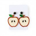 Brincos com design da apple e adesivo de agradecimento pelos detalhes do evento e da festa
