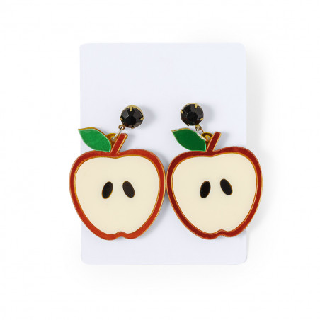 Brincos com design da apple e adesivo de agradecimento pelos detalhes do evento e da festa