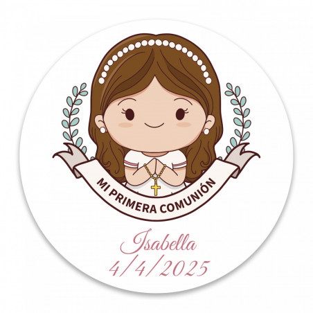 Chaveiro metálico menina em elegante caixa com adesivo de primeira comunhão personalizável para presentear