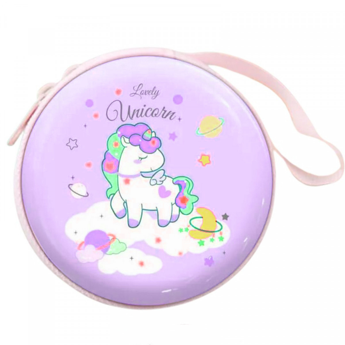 Porta-moedas de lata rosa com design de unicórnio em nuvem, detalhe prático e charmoso