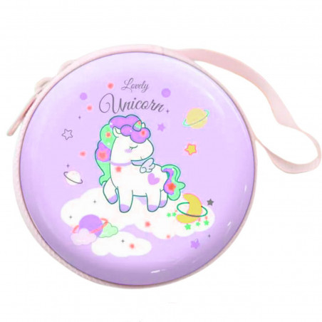 Porta-moedas de lata rosa com design de unicórnio em nuvem, detalhe prático e charmoso