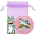 Caderno e estojo de lápis de cor com design de unicórnio personalizado em bolsa de organza para detalhes infantis