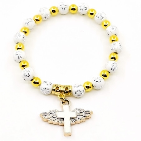 Pulseira elástica com contas brancas e douradas e pingente de cruz com asas Lembrança especial para eventos
