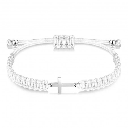 Pulseira ajustável de fio branco com cruz metálica, elegância e simbolismo para qualquer ocasião