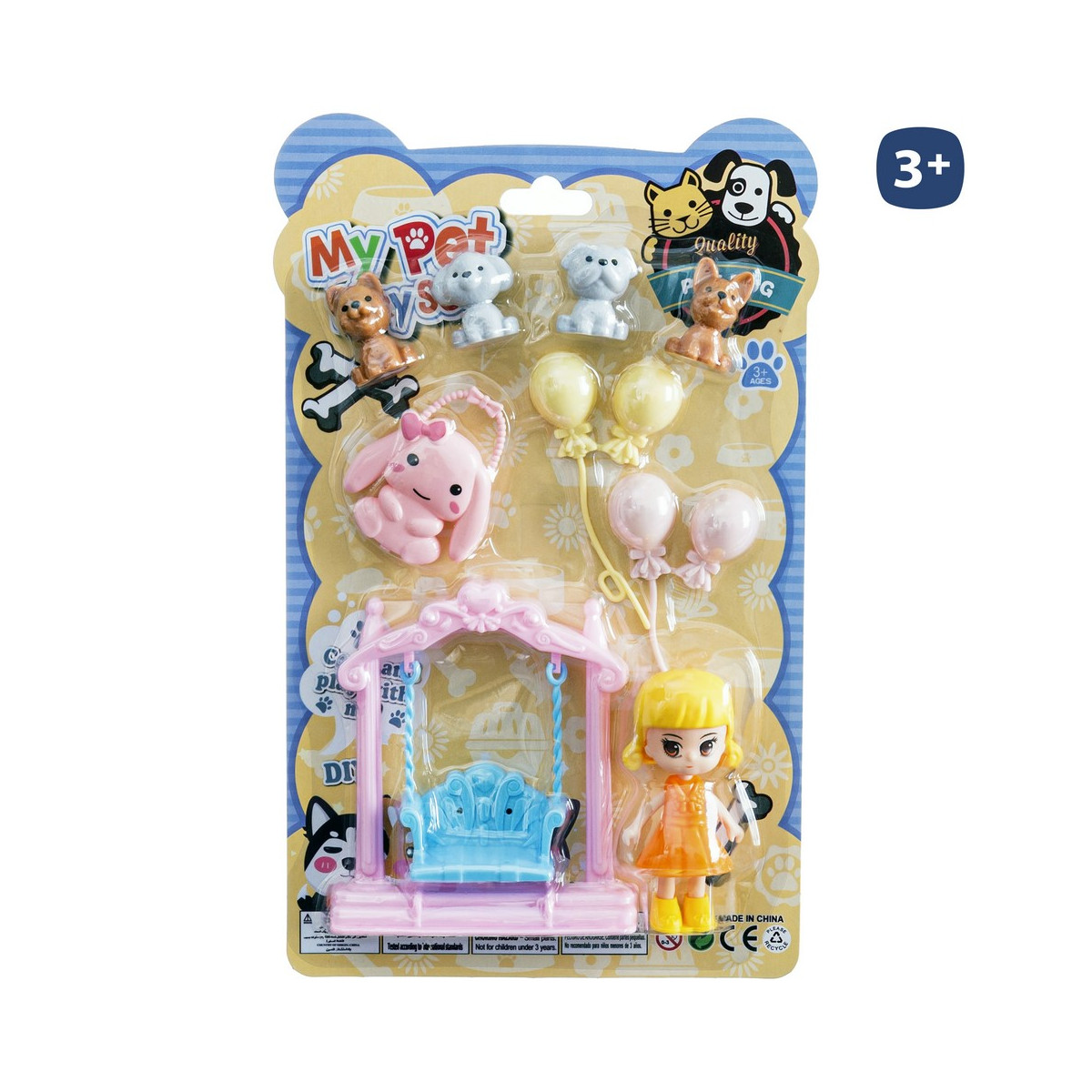 Conjunto de boneca com animais de estimação e balanço para brincar