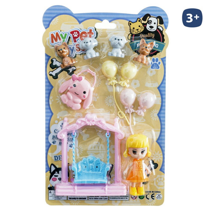 Conjunto de boneca com animais de estimação e balanço para brincar
