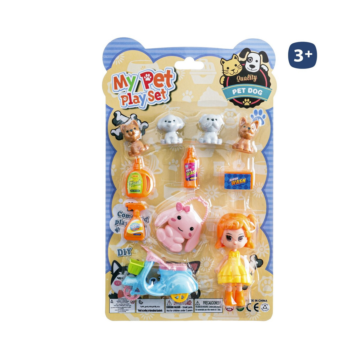 Conjunto de boneca com acessórios de animais de estimação e scooter para brincar