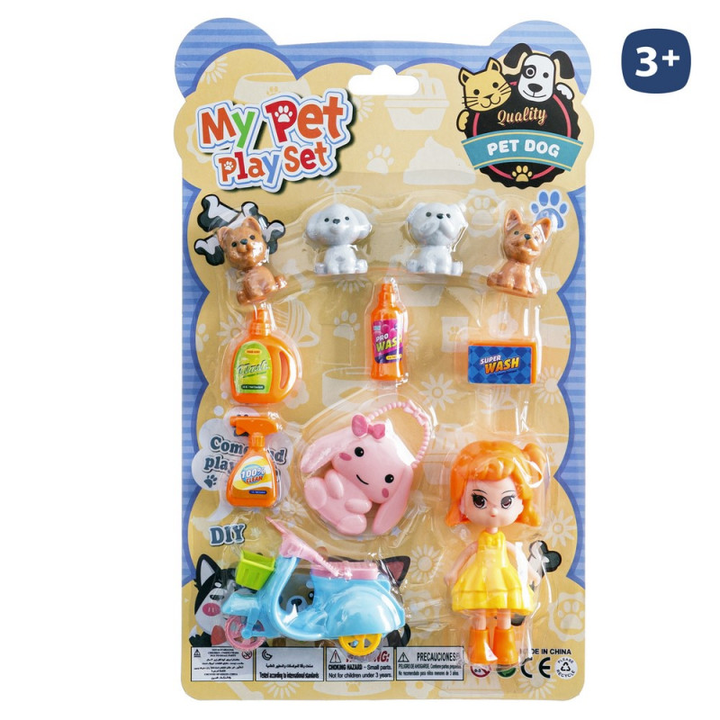 Conjunto de boneca com acessórios de animais de estimação e scooter para brincar