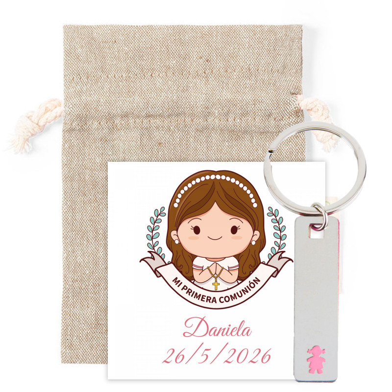 Chaveiro metálico menina em bolsa de tecido natural com cartão de recordação de primeira comunhão personalizado para detalhes