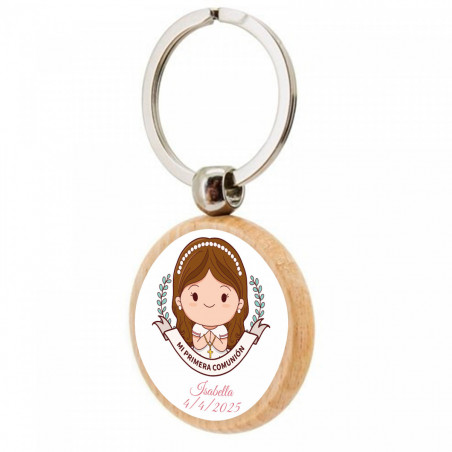 Chaveiro de madeira com adesivo de comunhão menina em bolsa kraft rosa personalizada para lembrancinhas de primeira comunhão