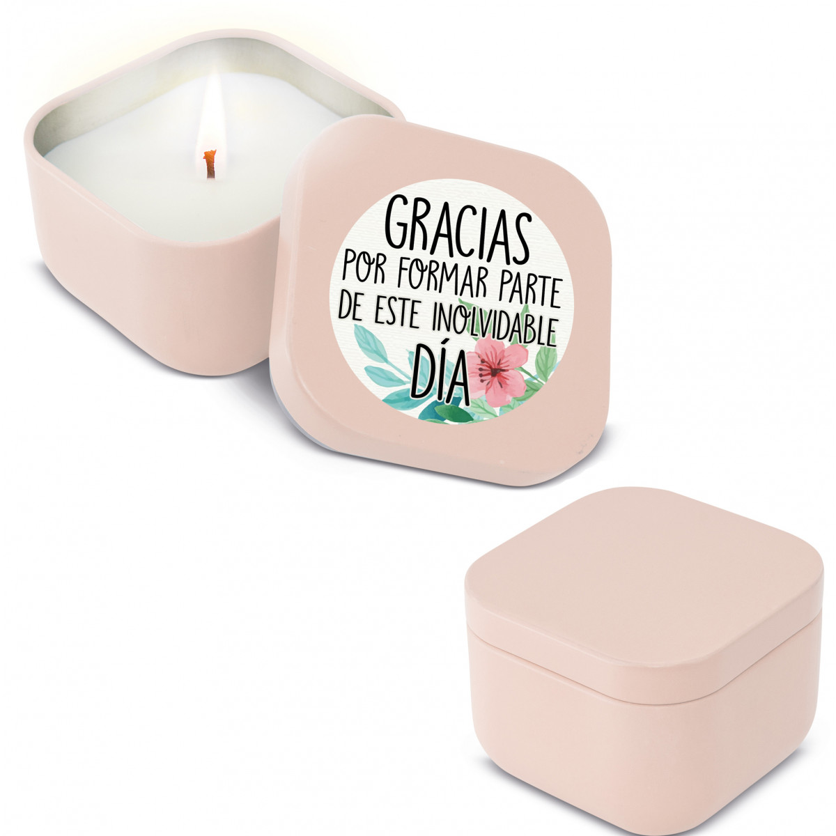 Vela perfumada em caixa de metal e adesivo de agradecimento para detalhes do evento