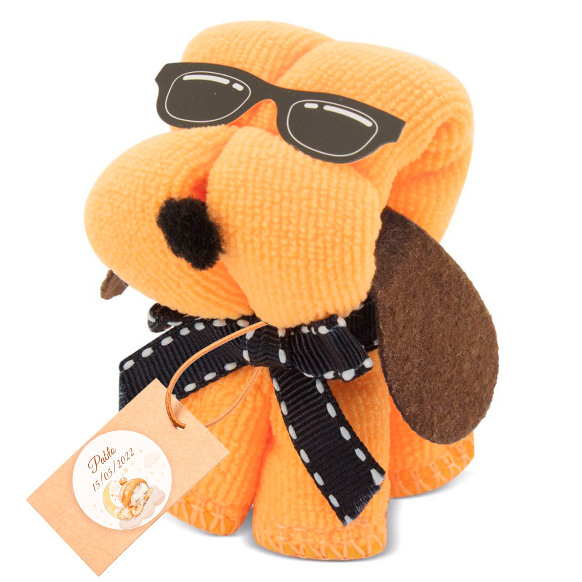 Toalha com design de cachorro com cartão pendurado personalizado para detalhes de convidados em batizado