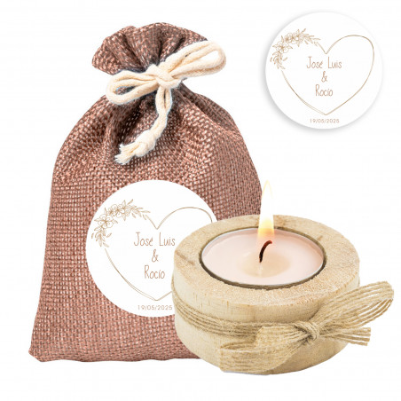 Porta-velas de madeira com vela incluída em bolsa personalizada com coração