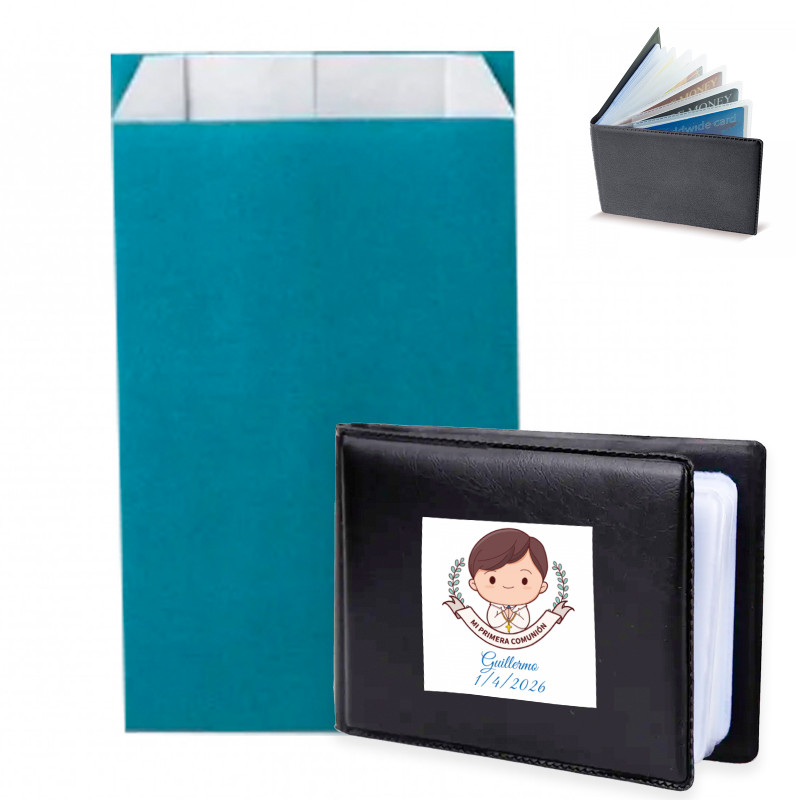 Porta-cartões com adesivo Minha Primeira Comunhão em envelope kraft azul para presentear