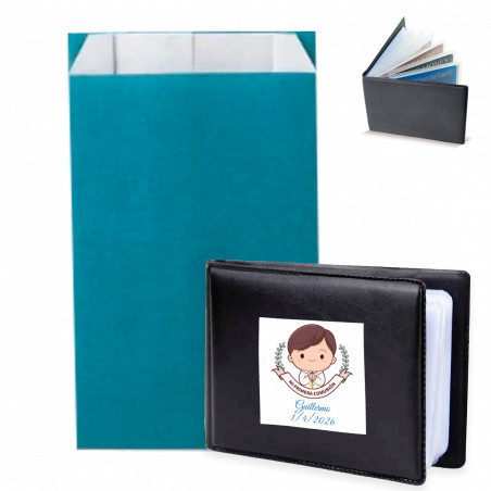 Porta-cartões com adesivo Minha Primeira Comunhão em envelope kraft azul para presentear